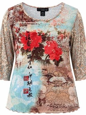 Venezia Women’s 18/20 Floral Asian Print 3/4 Sleeve Mesh Knit Top Plus Size